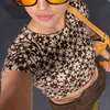 Brown Kawaii Floral Polka Dot T-shirts met Korte Mouw Vrouwelijke Zomer Vintage Plaid Y2K Crop Top O-hals Skinny Tee Shirt 210415