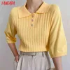 Women Fashion Solid Yellow Knitted Sweater Vintage Short Sleeve Female Pullovers Chic Tops AI61 210416