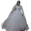 2022 Classic White Ivory Tulle Ball Gown Bröllopsklänningar Spets Långärmad Bateau Neck Golvlängd Vår Höst Bröllopsklänningar Plus Storlek Appliques Vestidos de Novia