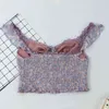Dames Floral Print Shirred Camis Tops Ruche Vierkante Neck Bow Bebouwd Shirt Camisole Summer Crop Top 210520
