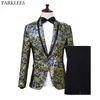 Mens Gorgeous Floral Jacquard 2 Piece Suits (Jacket+Pants+Bow) Brand Shawl Collar One Button Nightclub Wedding Tuxedos Suit Men 210522