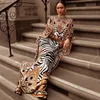 African Dresses for Women Plus Size Zebra Printed Dashiki Elegant Ladies Gown Muslim Abaya Kaftan Bat Sleeve V-neck Robes 210408