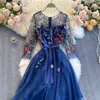 Spring Mesh Embroidery Floral Jurk voor Dames 3/4 Mouwen Franse Elegante Retro A-Lijn Party Jurken Hoge Kwaliteit Vestidos 210428