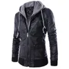 Mäns Motorcykeljacka Casual Slim Fake Två Pieces Faux Leather Coat Zipper Fick Hooded Pu Jacka Mäns PU Läder Jackor 211018