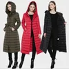 Doudoune femme au-dessus du genou parkas ultra-longue légère et fine à capuche couleur pure amincissante à double boutonnage avec ceinturée vêtements d'extérieur taille plus manteau chaud