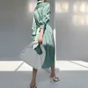 Femmes vert Patchwork poche plis simple boutonnage robe col polo manches longues Slim Fit mode marée été 7E0839 210421