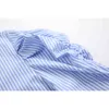 Blusa OL de rayas azules para mujer de manga larga con cuello vuelto de un solo pecho elegante diseño de manga abullonada blusas de moda Plus 210412