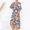 Kvinnor Wrap Long Dress Summer Boho Floral Print Beach Sexig V-Neck Split Party Elegant Sundress Robe Femme 210515