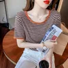 Yaz Retro Gevşek Şerit Kadın O-Boyun T-Shirt Tops Kore Moda T Gömlek Kadın Giyim Tees Y2K Tops 210507