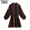 Femmes Mode Avec Boutons Paisley Imprimer Mini Robe Vintage Manches Bouffantes Taille Élastique Robes Féminines Robes 210507