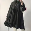 Woherb Japanese Gothic Summer Chiffon Dress Women Vintage Bow Bandage Ruffle Black Lolita Dresses Vestidos Robe Femme 21664 210409