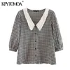 Moda para mujer con cuello bordado Blusas a cuadros Manga corta con botones Camisas femeninas Tops elegantes 210420