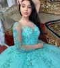 Mint Green Ball Suknia Quinceanera Dresses 2022 Koronki z długim rękawem Cekinowane suknie promowe koronki Corset Sweet 15 Party Dress