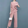 Outono elegante dois pedaços conjuntos roupas roupas plus size manga comprida curva tops e calças largas calças ternos escritório coreano rosa 210513