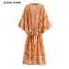 Bohemia V cuello naranja flor estampado maxi largo kimono camisa étnica mujeres con cordones arco fajas cardigan boho blusa suelta tops 210429