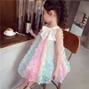 Girl Dress 2021 Summer Girl's Clothing Baby Girl Fashion Big Bow Three-dimensional Flower Dress Rainbow Mesh Dress Q0716