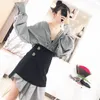[Eam] Mulheres Black Stitch Stitch Irregular Grande Vestido V-pescoço de Manga Longa Loose Fit Moda Primavera Outono JG892 210915