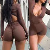 Herfst Skinny Playsuit Dames Sexy Lage Borst Solid Lange Mouw Slanke Backless Trekkoord Lace Up Jumpsuit Dames Party Club Romper 210522