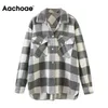 Aachoae Donna Vintage T Plaid Camicia Giacca Manica lunga Cappotto monopetto con tasche Colletto rovesciato Giacche da donna 210918