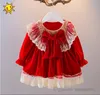 Neonate Archi abiti da festa di Natale lolita bambino bambino splicing garza di pizzo ricamo falbala vestito bambini velluto rosso 1st b1729302