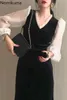 Nomikuma Sukienki Umowa Kolor Patchwork V Neck Z Długim Rękawem Vestidos Femme Koreański Chic Vintage Elegancka Sukienka Kobiety 3D888 210514