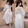 YOSIMI White Chiffon Long Women Dress Summer Lace V-neck Fit and Flare Backless Ankle-Length Batwing Sleeve Beach Dresses 210604