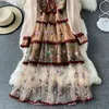 Elegant See Through Lantern Sleeve Mesh Flower Broderi Stitching Lace Trims High Waist Sweet Bow Party Long Dress 210416