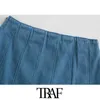 TRAF Женщины шикарные моды плиссированные джинсовые мини юбки винтажную высокую талию сторона молнии женские юбки Mujer 210415