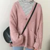 Ontwerper Eenvoudige Casual Oversized Sweater Vrouwen Losse V-hals Slanke Knit Trui Vrouw Herfst en Winter Korean Warm Cardigan Femin