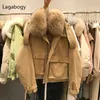 Lagabogy gola de pele real inverno 90% branco pato para baixo casaco feminino solto grosso parkas feminino bolso vintage puffer jaqueta 211126