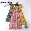 Elegant sommar blommigryck Lady Midi Dresses Front Split Puff Sleeve Vintage Dress Women Vestido de Mujer 210413