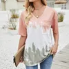 V-Neck Tre Color Gradient Tie Dye Manica Corta Falso Tasca T Shirt Donna Estate Ufficio Lady Frutto Casual Allentati Top 210603