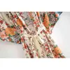 BOHO Location Blumendruck Langes Kimono-Shirt Beige Hippie Damen Schnürung Krawatte Schleife Schärpen Lange Strickjacke Lose Bluse Tops Urlaub 210401