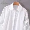 夏の女性白いブラウス長袖カジュアルルースレース刺繍シャツ210415