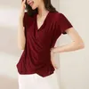 Koreanska Kvinnors Skjorta Stickade Chiffon Blusar För Kvinnor Kortärmad Kvinnlig Top Röd V-Neck Blus Kvinna OL 210427