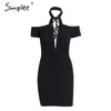 Sexy halter lace up bodycon Women cold shoulder hollow out short Autumn winter knitted black dress vestido 210414