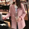 PERHAPS U Pink Gray Plaid Notch Collar Long Sleeve Double-breasted Pocket Loose Suit Slim Fit Casual Chic Blazer C0147 210529