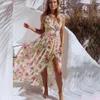 女性Vネックスプリットドレス夏花のプリントストラップロングパーティーピンクシフォンドレスエレガントなカジュアルマキシドレスボヘミアンビーチローブ210507