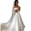 Enkel Satin A Line Bröllopsklänning Bateau Neck Kortärmad Boho Vit Bröllopklänningar Robe de Marie Vestido Plus Storlek Brudklänningar 2022