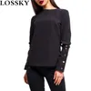 LOSSKY Solid Slim Slim Blouse à manches longues Chemise Casual O Cou Bouton Femmes Été Automne Élégant Blouses à rayures Chemises Blusas Tops 210507