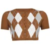 Brown Argyle Stickad Y2K Crop Top Cardigan Women's T-shirt Sommar Kortärmad Knitwear Button Up Vintage Plaid Tee Shirt 210415