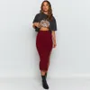 Gratis Mode Kvinnor Midi Skirt Striped High Waist Sexig Split Elastic Burgundy Bodycon Pencil 210524