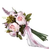 Bouquet da sposa artificiale Sposa Fiori da sposa Foglia verde Nastro Fiocco-nodo Romantico Buque De Noiva 2 colori Bianco Rosa W5561