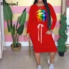 Casual Women Dress Autumn Big Lip Print Drawstring Long Sleeve O Neck Solid Maxi Fashion Pocket Plus Size Ropa Mujer 210513