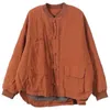 Johnature Kadınlar Vintage Ceketler Katı Renk Pamuk Keten Mont Standı Düğmesi Patchwork Cepler Bahar Gevşek Kadın Ceketler 211126