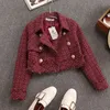 Fall Winter Small Fragrance Vintage Tweed Two Piece Set Women Single-Breasted Woolen Short Jacket Coat + Mini Skirt 2 220302