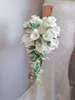 Waterfall Wedding Bouquet Fake Wedding Flowers Ivory Rose with Green Leafs Cascading Bouquets De Mariage6225963