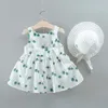 Children's Sleeveless Cherry Blossom Tank Top Dress Toddler Kid Baby Girl Cherry Printed Princess Dress+hat Outfits Set Clothes Q0716