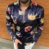 Men's Casual Shirts Fashion Crown Print Men Shirt Turn-down Collar Smooth Long Sleeve Buttons Slim Streetwear3017