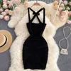 Black/White Sexy Draped Bodycon Dress Women Club Party Criss-Cross Spaghetti Strap Vestidos Elegant Open Back Mini Robe Summer Y0603